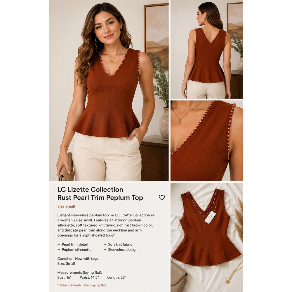 LC Lizette Collection Rust Pearl Trim Peplum Top Sleeveless Knit LC-A6486 Small